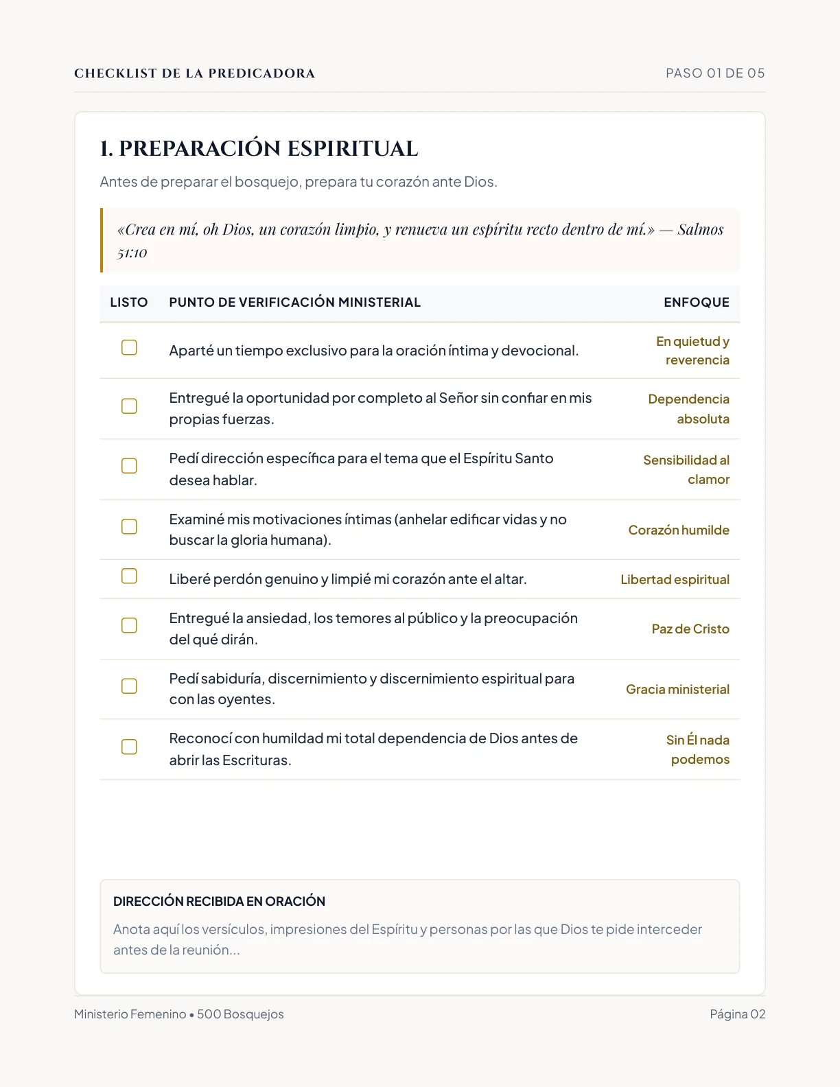 Página real del Checklist de la Predicadora